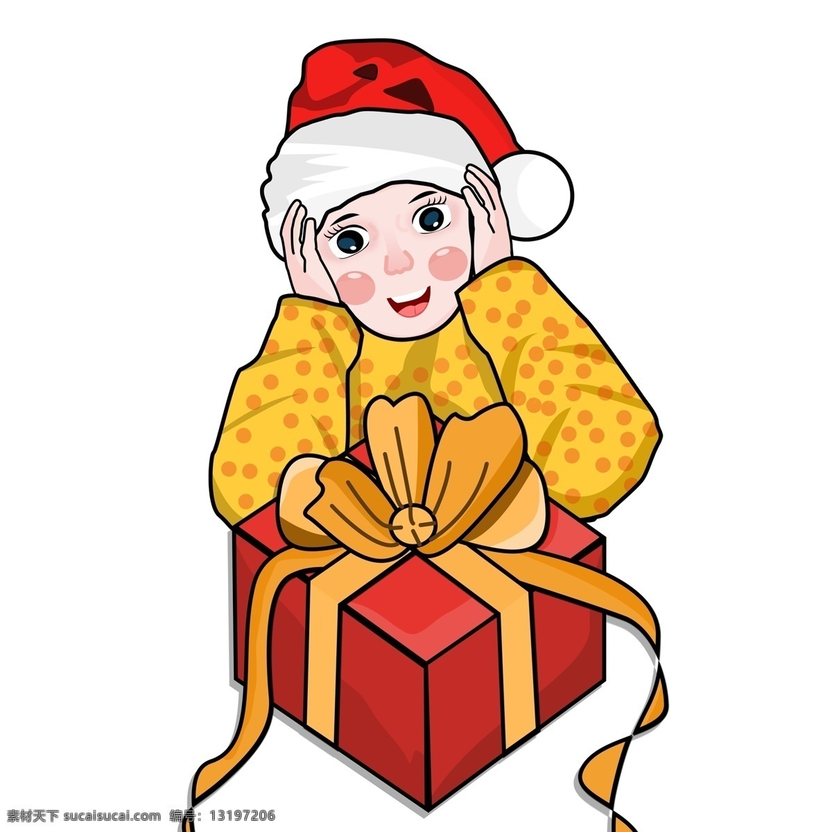 波普 风 惊喜 收 圣诞 礼物 女孩 圣诞节 人物 插画 复古 波普风 圣诞帽子