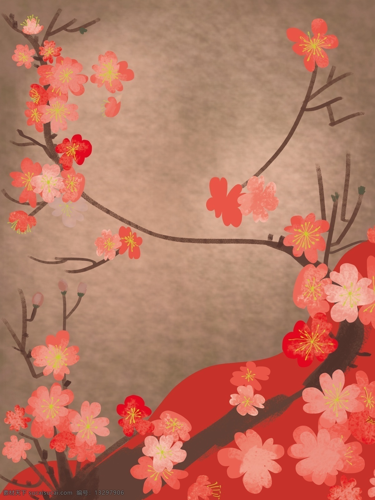 手绘 花枝 背景 花朵 红色 红色背景 广告背景 彩绘背景 特邀背景 促销背景 背景展板图 复古