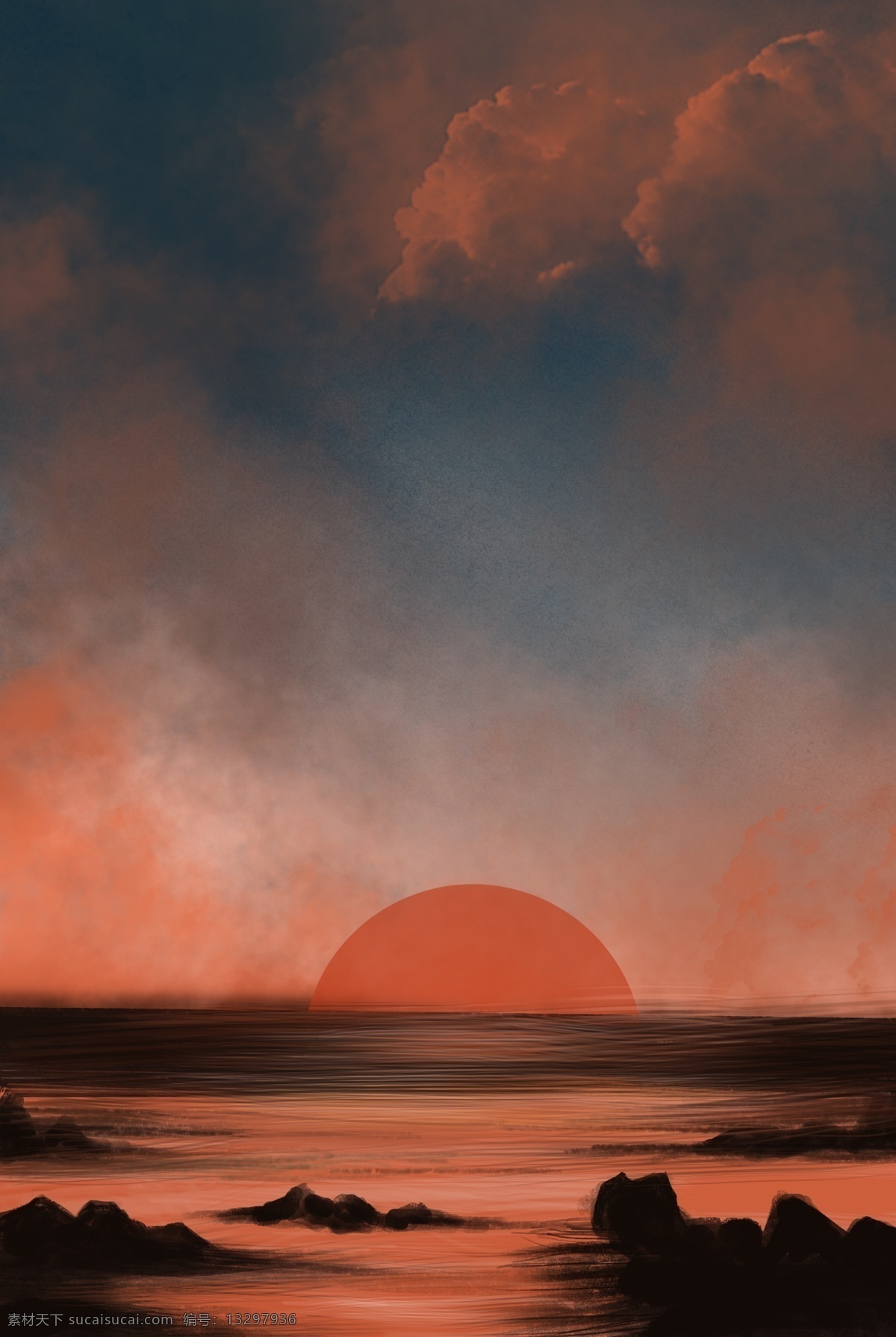 夏季 海滩 夕阳 风景 沙滩 晚霞 落日 海边 插画背景