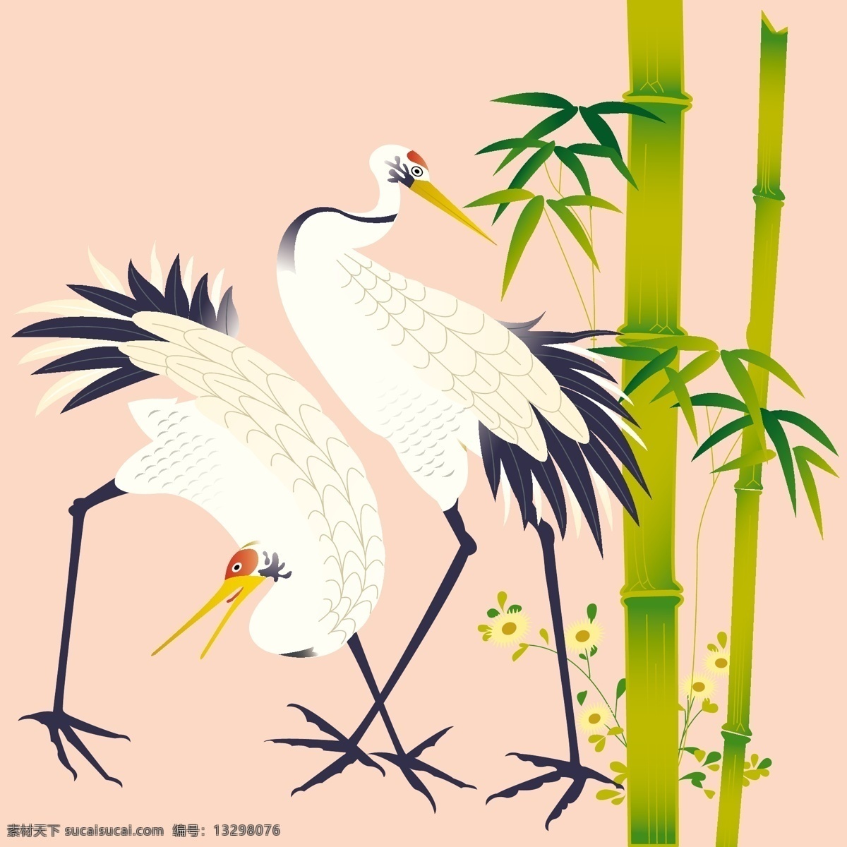 手绘鹤 白鹤 鹤动物 矢量鹤 卡通鹤 鹤插画 矢量竹子 手绘竹子 卡通竹子 竹子插画 丹顶鹤 动物 生物世界 野生动物