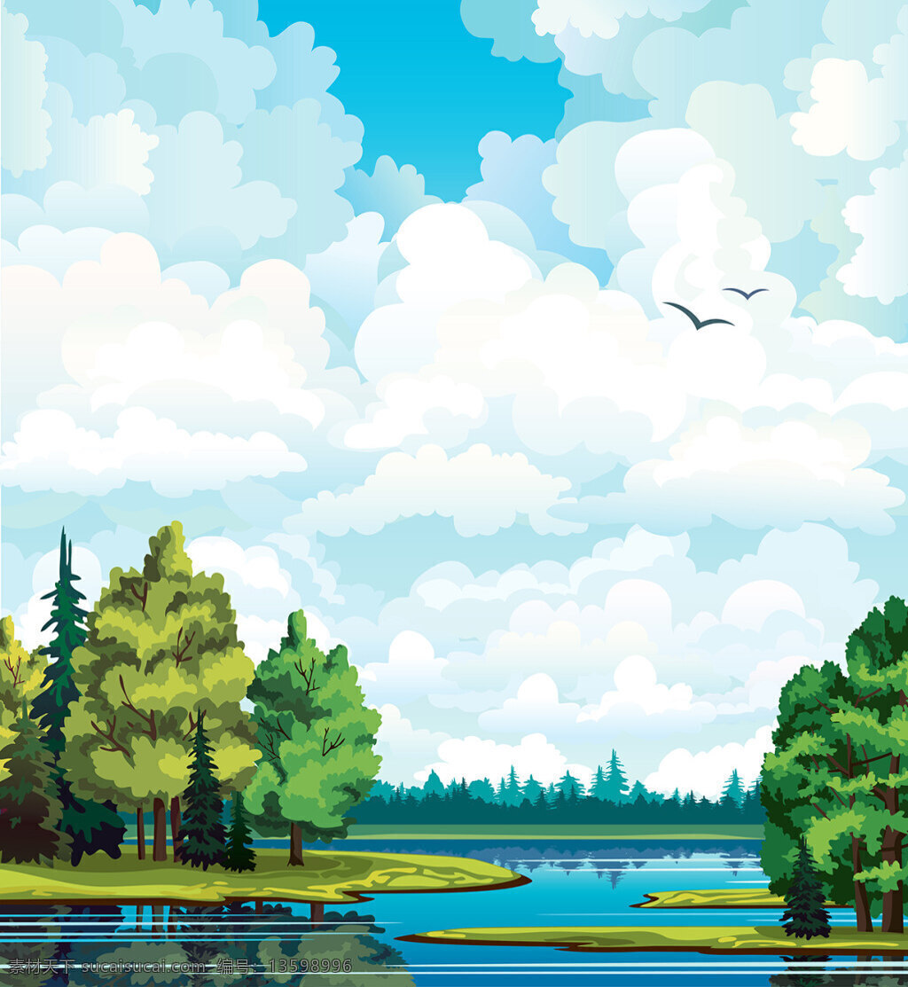 卡通 自然风景 eps格式 草 风景 湖水 森林 矢量素材 树木 自然景观 白色