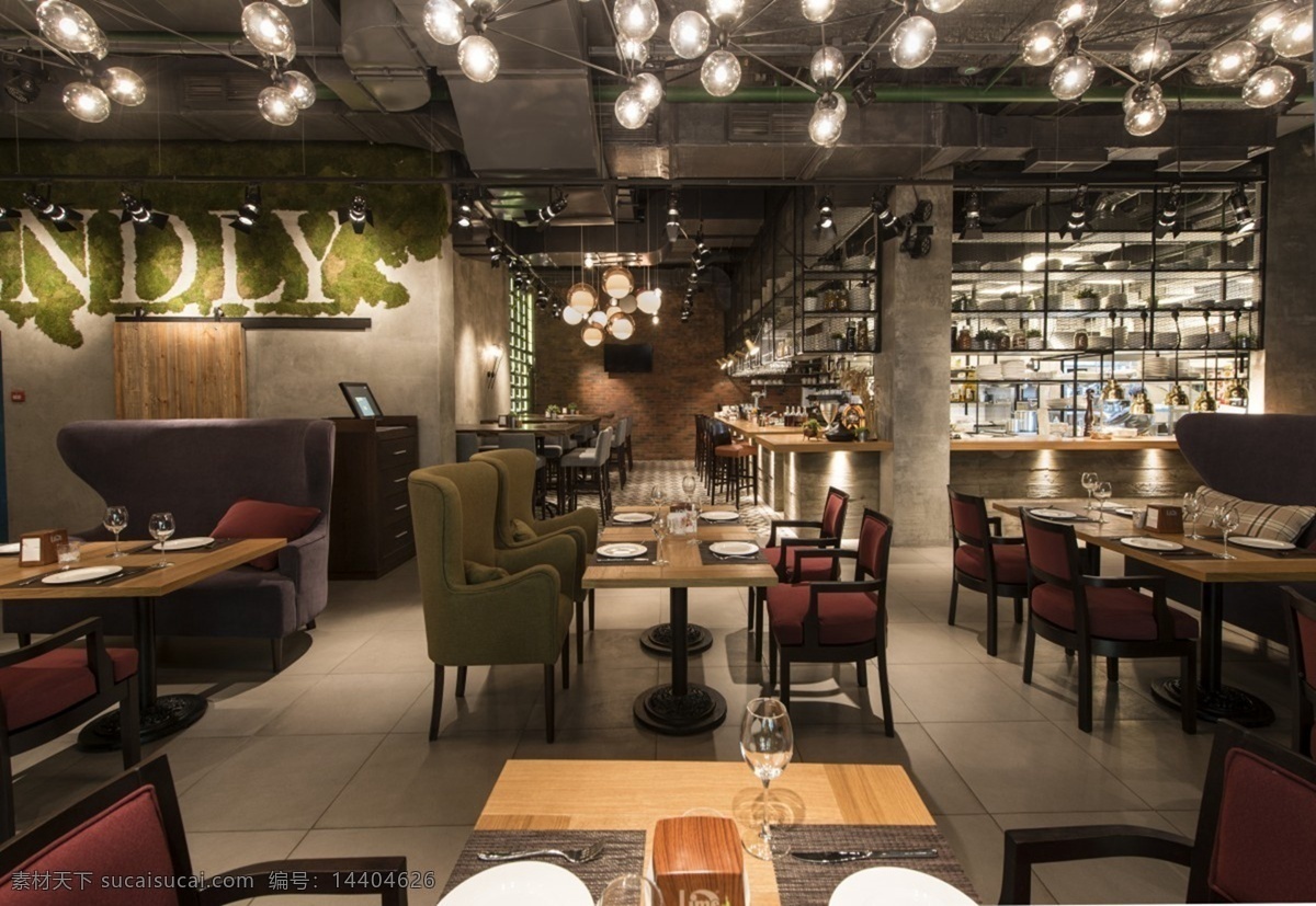 简约 咖啡厅 个性 吊灯 装修 效果图 白色灯光 长方形餐桌 灰色地板砖 桌椅