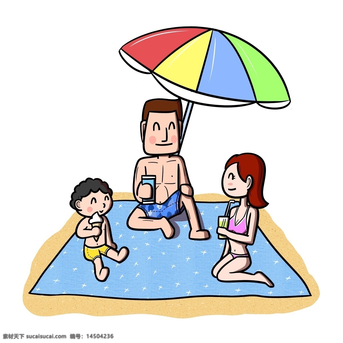 卡通 全家人 沙滩 休闲 透明 底 夏季 夏天 卡通家人 儿童 玩耍 海边 海滩 海边人物 夏季人物 夏天人物 卡通人物 卡通夏季