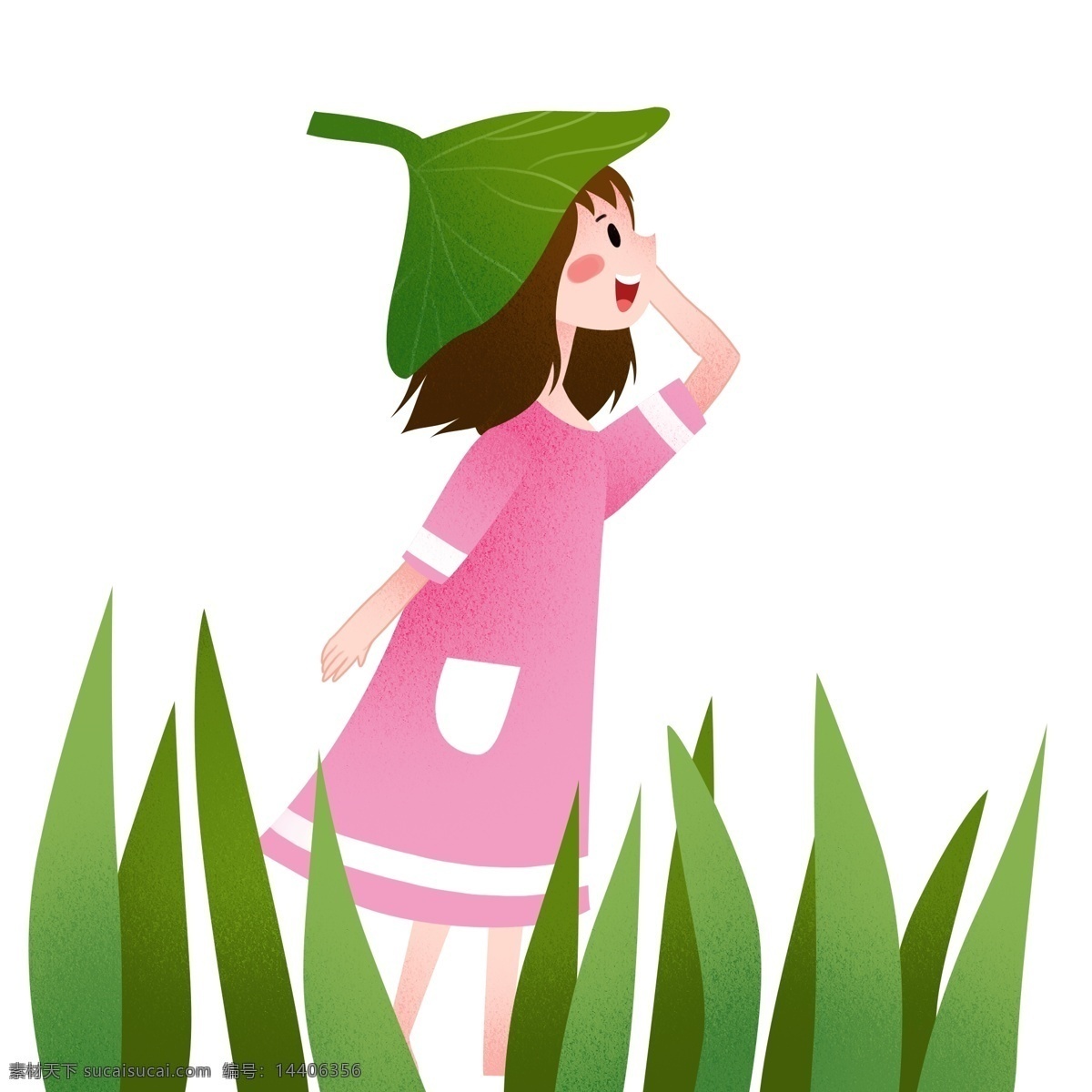 戴 叶子 帽子 女孩 立夏人物插画 绿色的叶子 植物装饰 吹风的小女孩 漂亮的小女孩 卡通人物