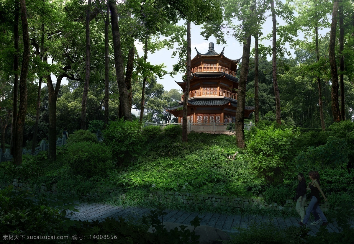 旅游景区 塔楼 楼阁 古建筑 古建塔楼 山景 效果图 环境效果图 环境设计 分层效果图 ps效果图 效果图系列