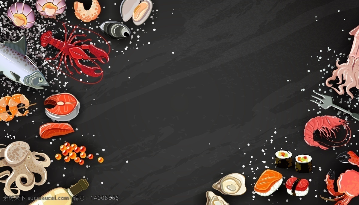 手绘 食物 背景图片 食物背景 食材背景 食材 餐饮背景 海鲜 鱼 虾 八爪鱼 餐厅背景 插画 卡通 背景 展板 背景墙 海报 广告