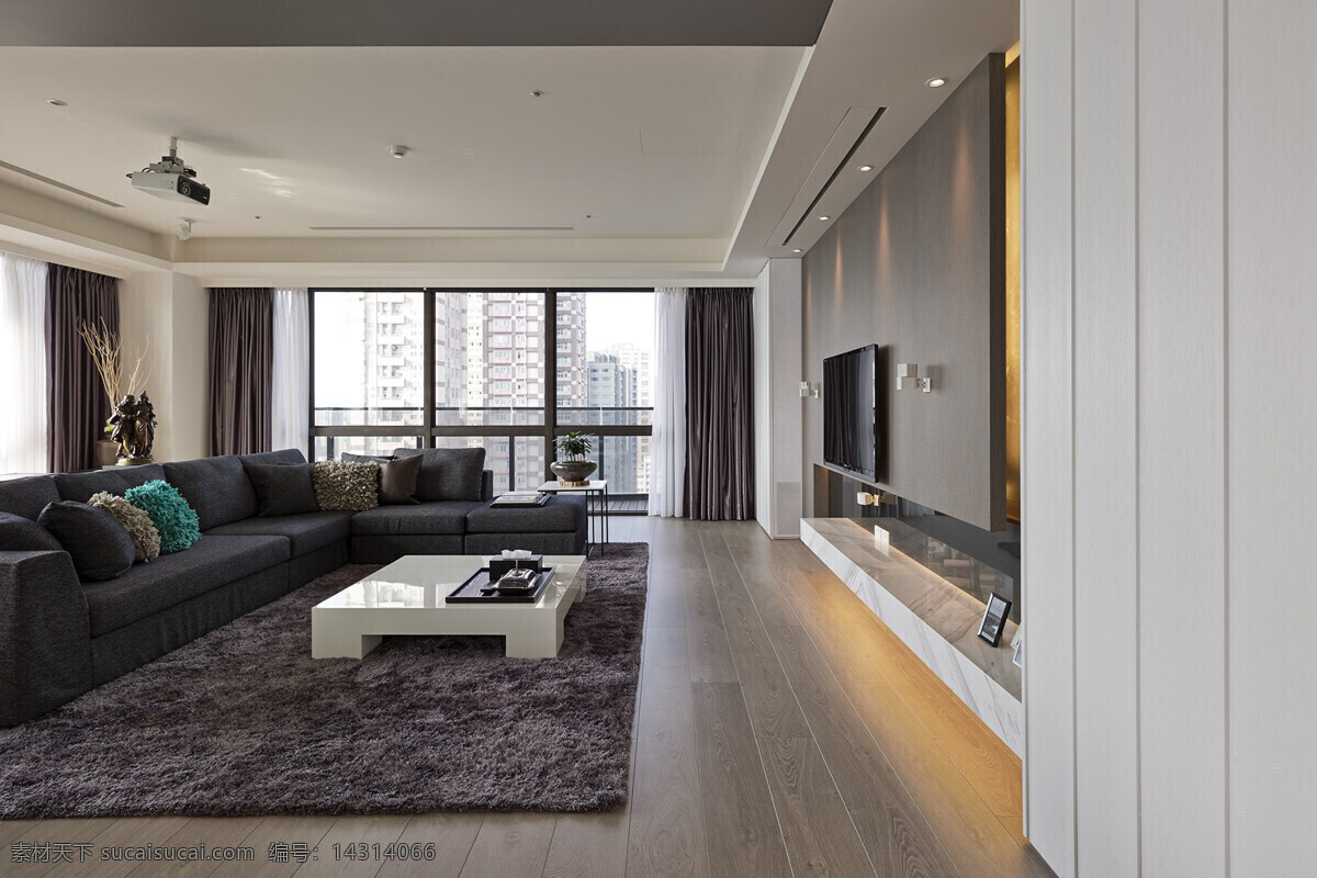 简约 客厅 灰色 地毯 装修 效果图 电视机 个性吊灯 灰色窗帘 电视 背景 墙 灰色电视柜 灰色木地板 灰色沙发