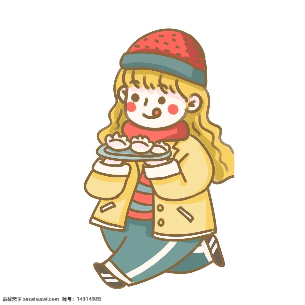 端 盘 饺子 女孩 彩绘 人物 卡通 可爱 插画 冬至 过年 手绘