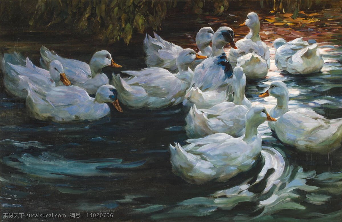 鸭子 池塘 成群结对 游弋 芦苇从 19世纪油画 油画 文化艺术 绘画书法
