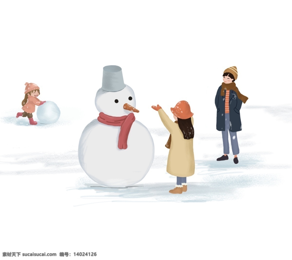 冬季 堆 雪人 主题 插画 卡通 手绘 精美 海报插画 广告插画 小清新 简约风 装饰图案