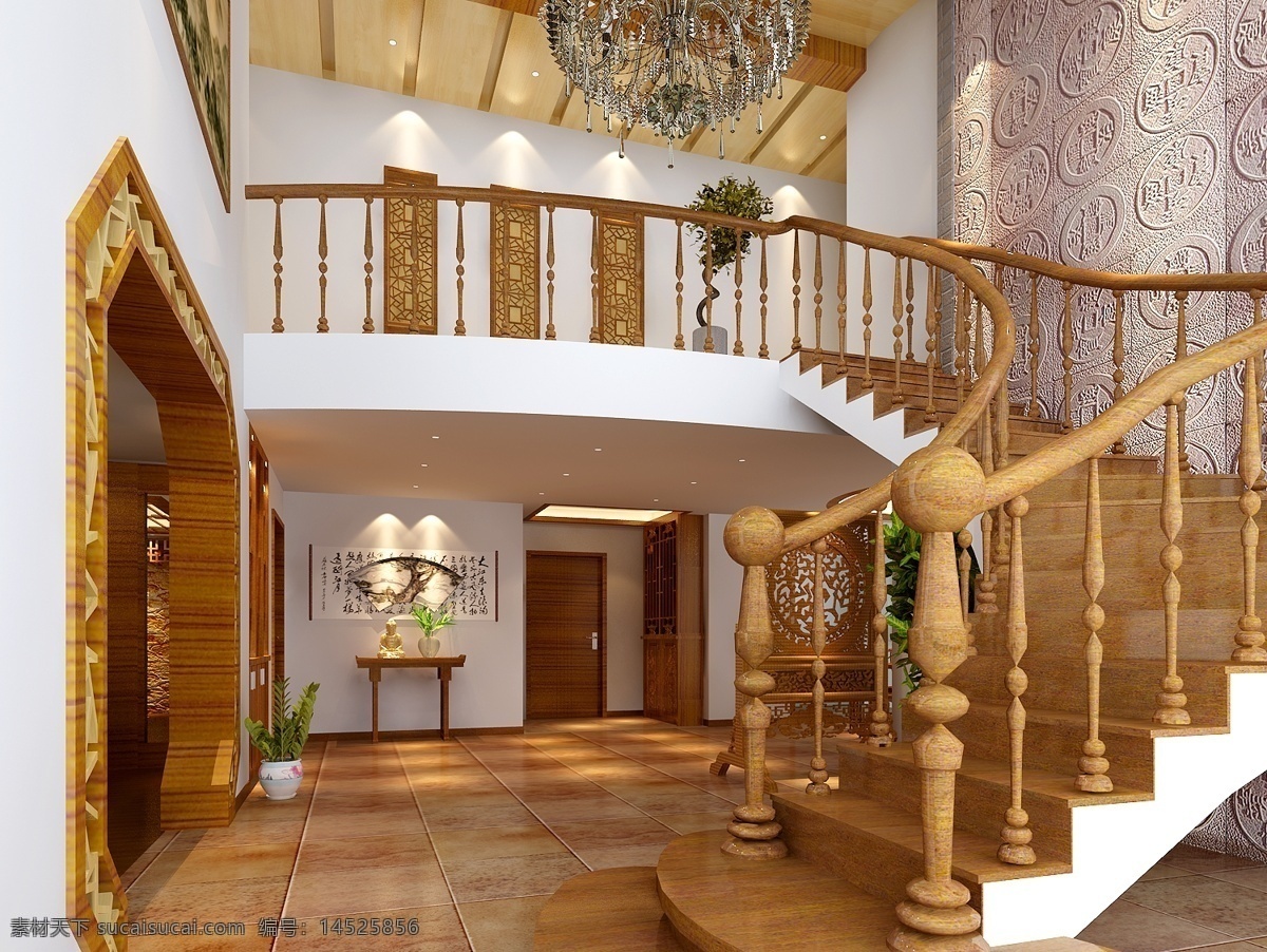 别墅 玄关 楼道 模型 3d模型 别墅装饰 室内设计 楼梯模型 max 棕色