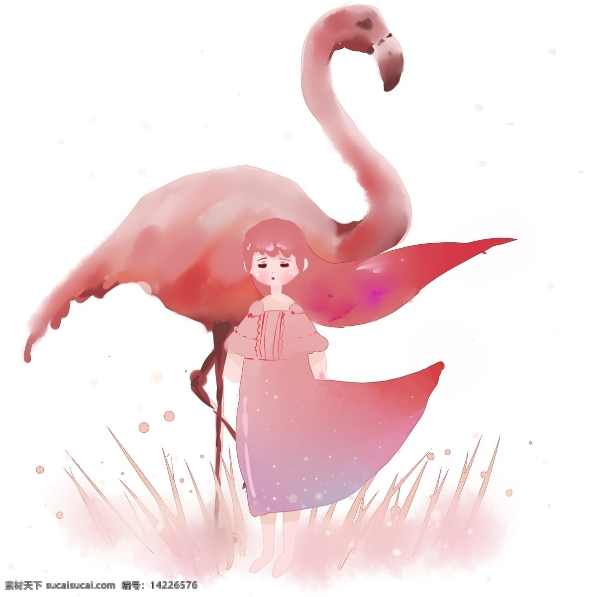 梦幻 主题 系列 二 火烈鸟 女孩儿 卡通 手绘 站立 草丛 粉色 飞舞的头发 连衣裙 蓝色飘带 星空下 水彩