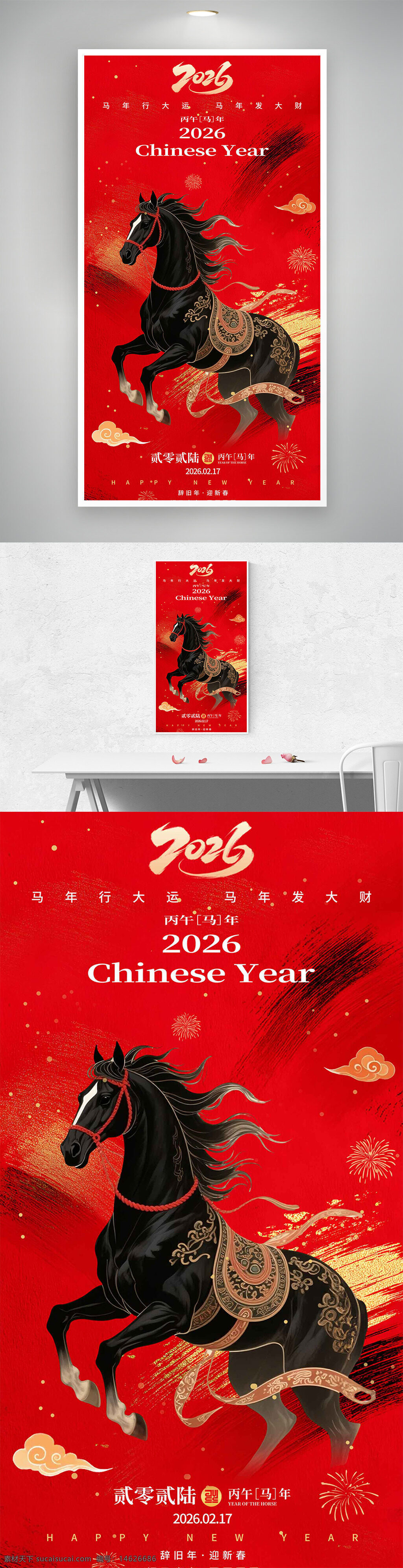 节日海报 中国风 红色背景 骏马飞奔 祥云图案 喜庆风格 新年祝福 春节主题 传统文化 传统节日 新春佳节 金色装饰 年画风格