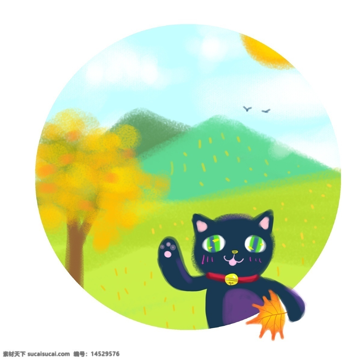 二十四节气 秋分 手绘 秋天 可爱 童趣 商用 景色 猫 枫叶 风景 手账 山