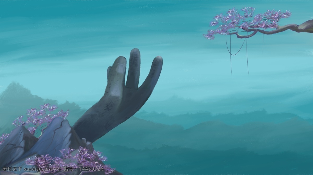 手指 石头 山石 紫色 花树 卡通 背景