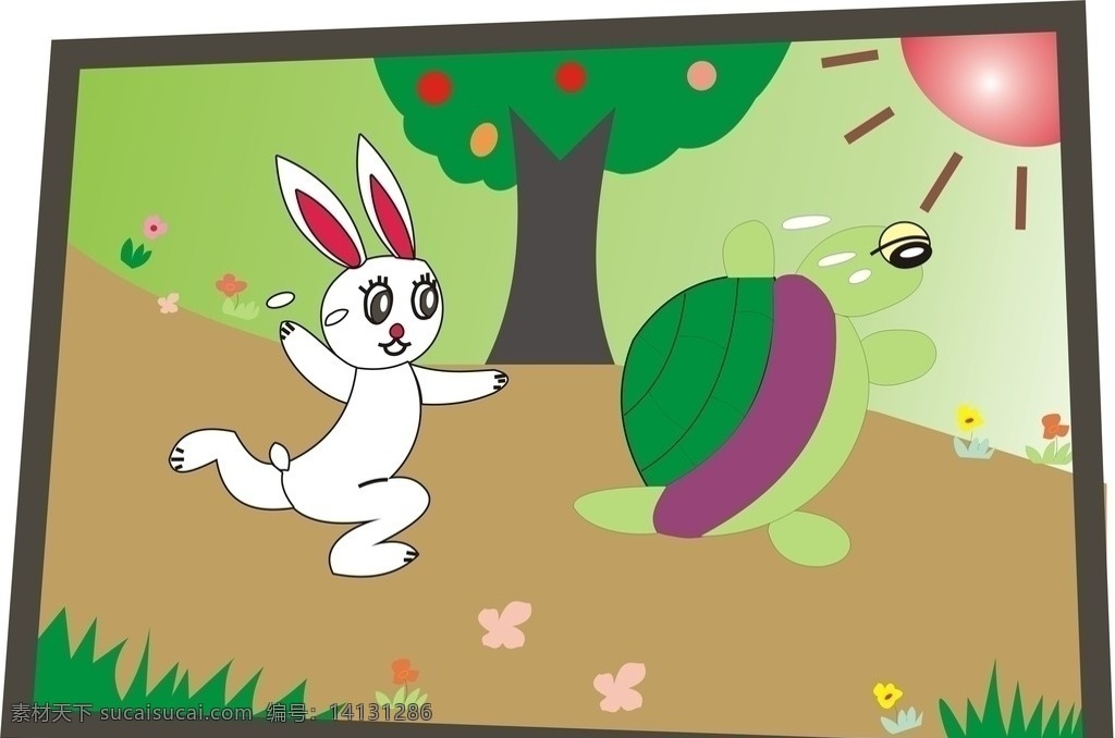 龟兔赛跑 白兔 乌龟 果树 草地 太阳 花朵 汗珠 矢量素材 其他矢量 矢量