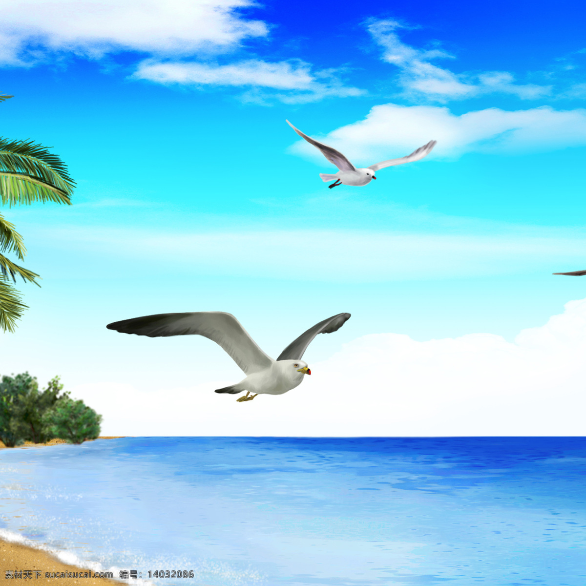 蓝天 碧海 海鸥 翱翔 装饰画 沙滩 景致