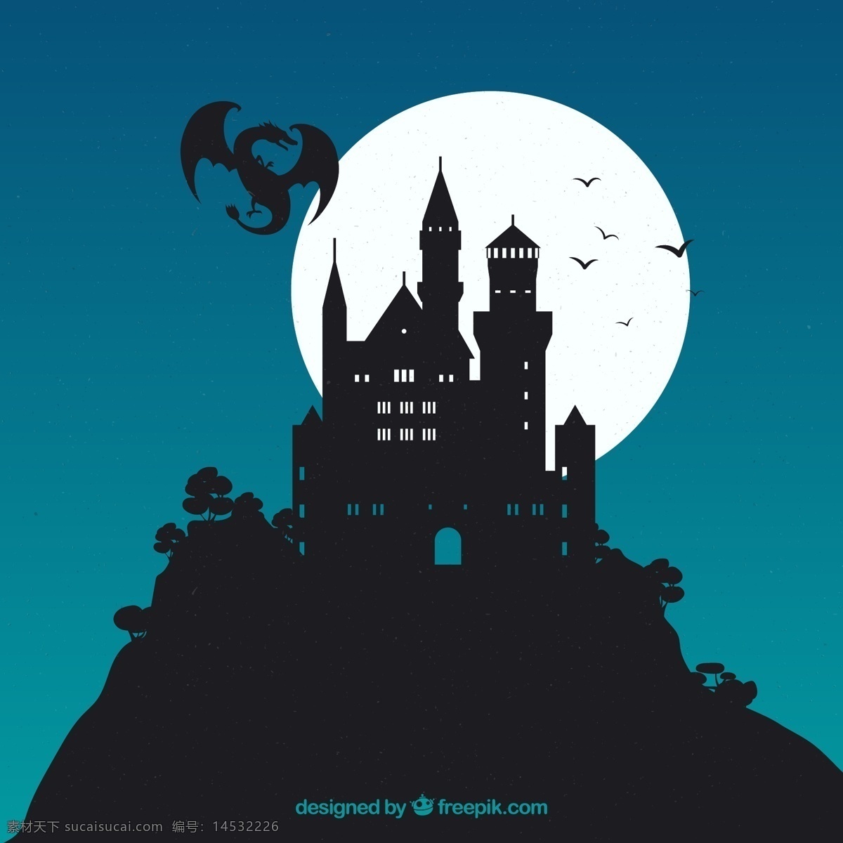 创意 月夜 古堡 龙 剪影 树木 月亮 山 欧洲 夜晚 蝙蝠 城堡 悬崖 动漫动画 风景漫画