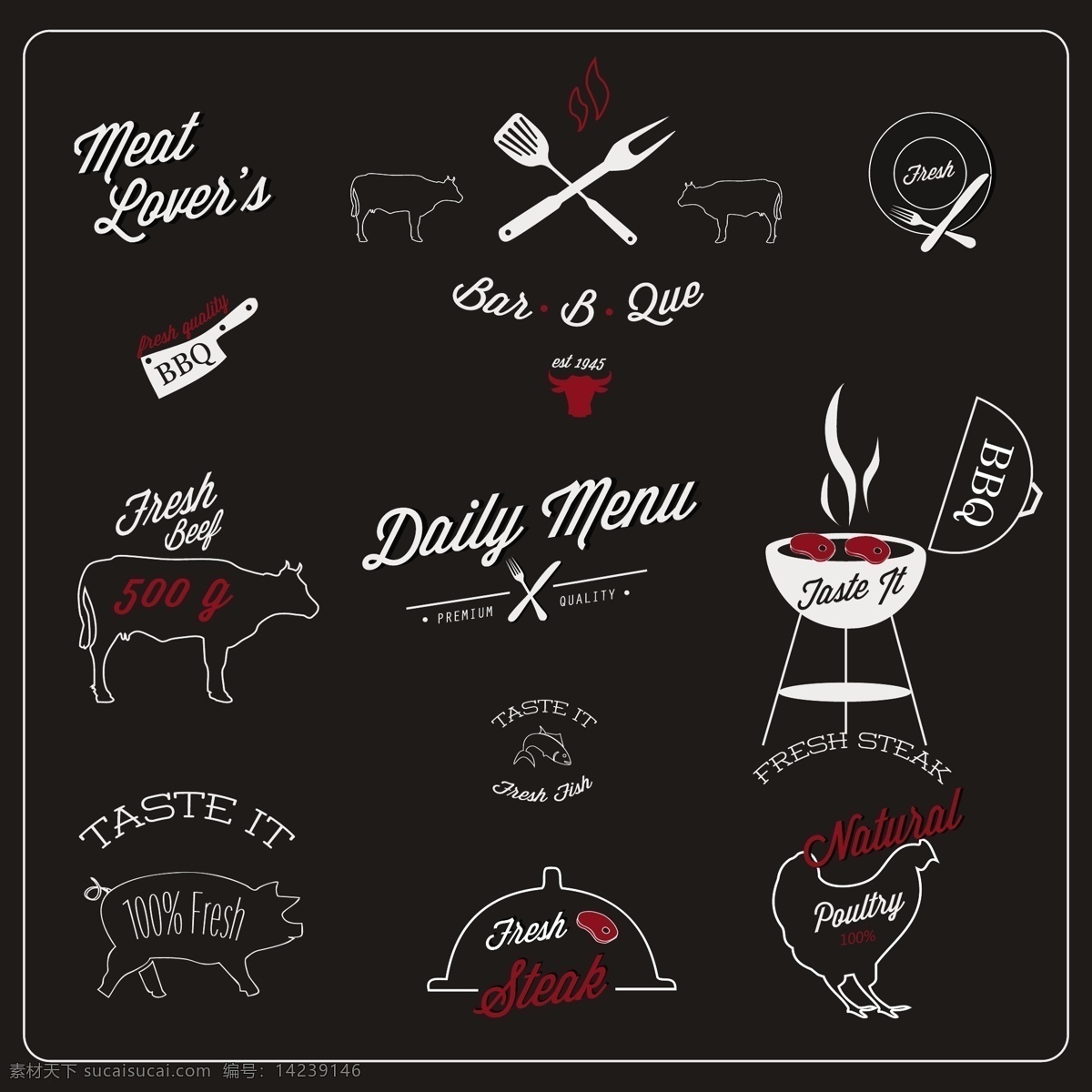 餐厅 标签 食品 菜单 模板 黑色 黑板 装饰 肉 猪 元素 烧烤叉 书法 午餐 刀 牛排 牛肉饭