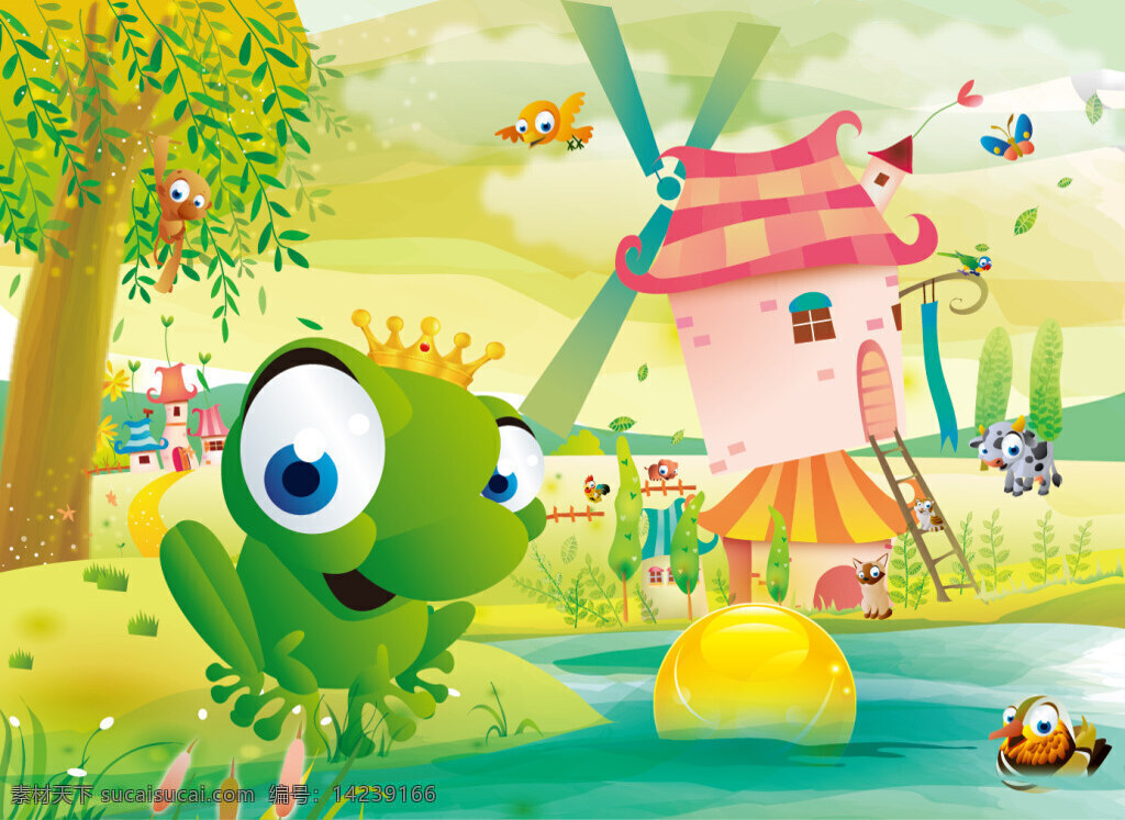 青蛙王子 卡通 插画 河边 城堡 房子 金球 树林