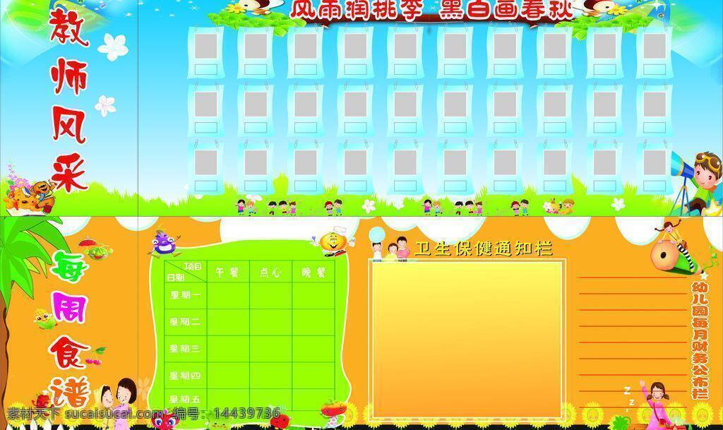 幼儿园 宣传栏 背景 儿童 卡通 少年 食谱 水果 幼儿园宣传栏 展板 教师照片 展板模板 矢量 其他展板设计