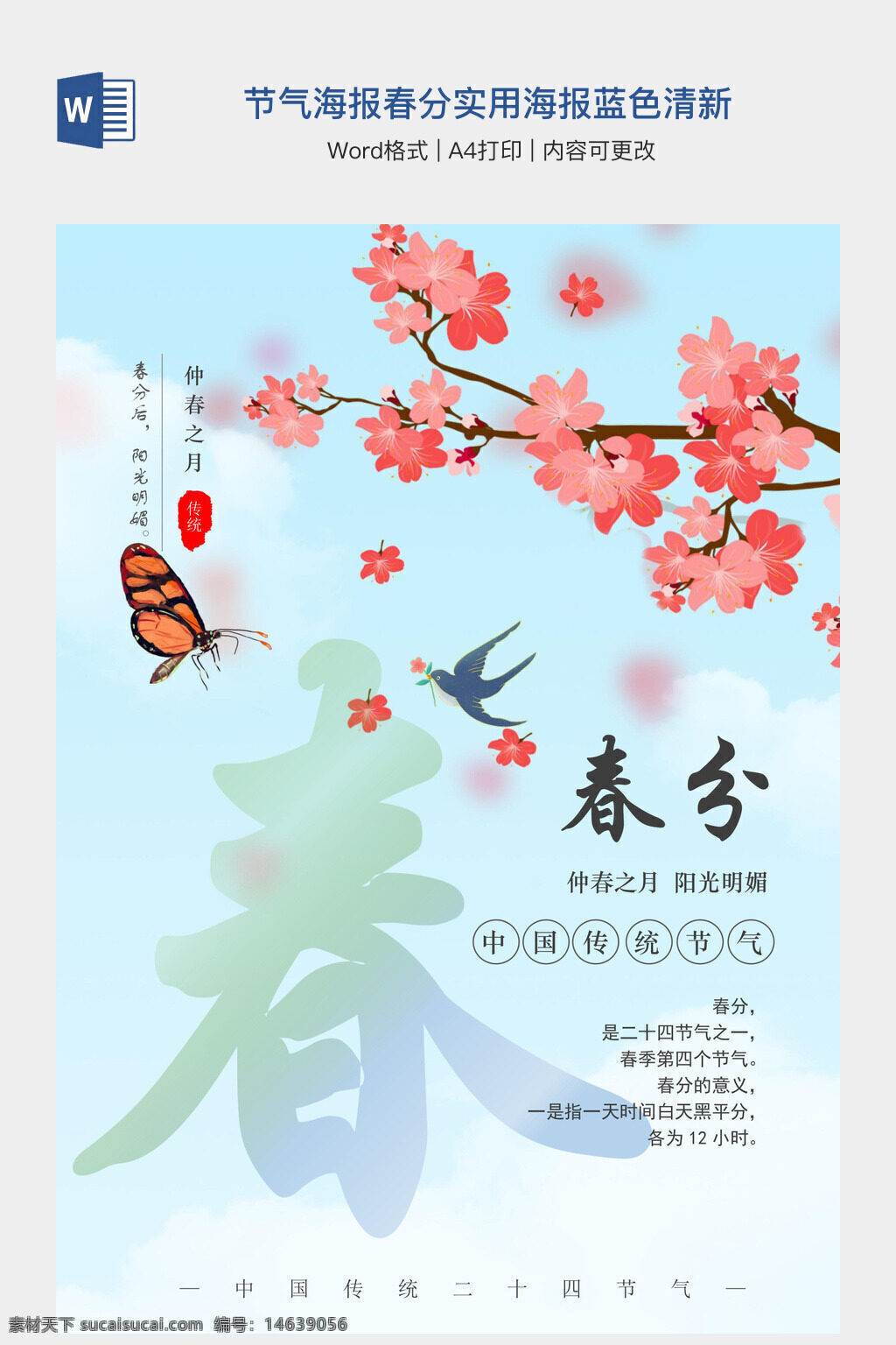春分 二十四节气 传统文化 手抄报模板 蓝色清新 海报设计 春天主题 节气宣传 樱花插画 蝴蝶元素 燕子图案 阳光明媚 中国风 季节变换 文档模板