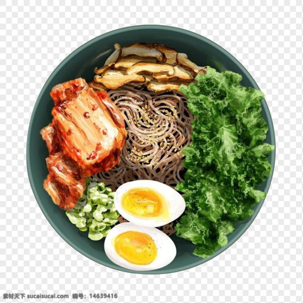 手绘 生菜 辣白菜 凉拌拉面 美味 面条 插画 绘画 食物 韩式料理 鸡蛋 香菇 健康 轻食 免抠图