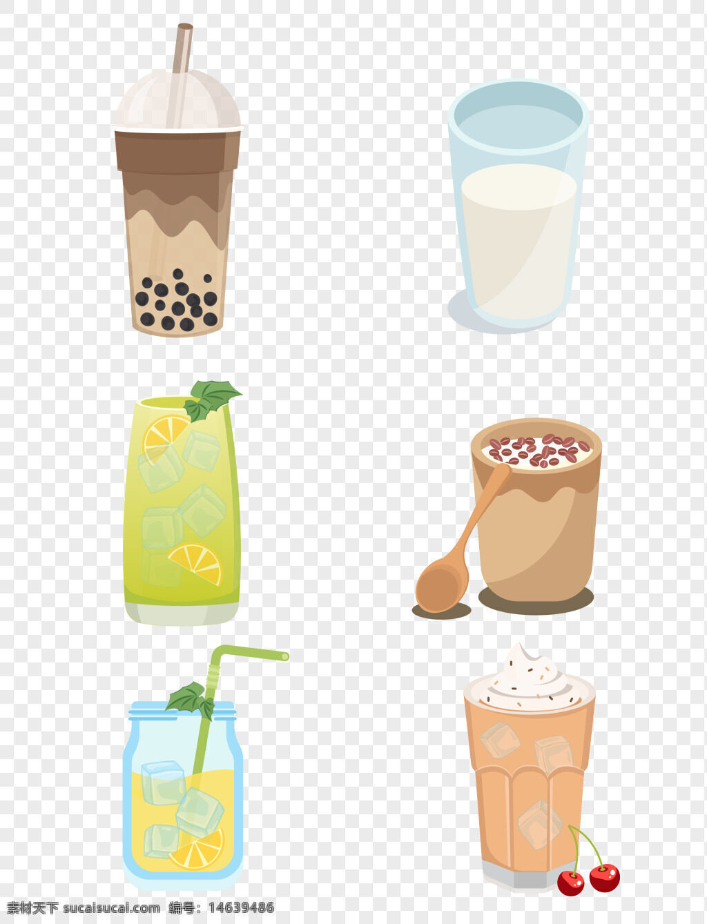 奶茶 珍珠奶茶 柠檬茶 雪顶咖啡 芋圆奶茶 手绘插画 饮料元素 甜品饮品 奶昔 果汁 冰饮 冷饮 透明玻璃杯 饮品设计 清爽饮品