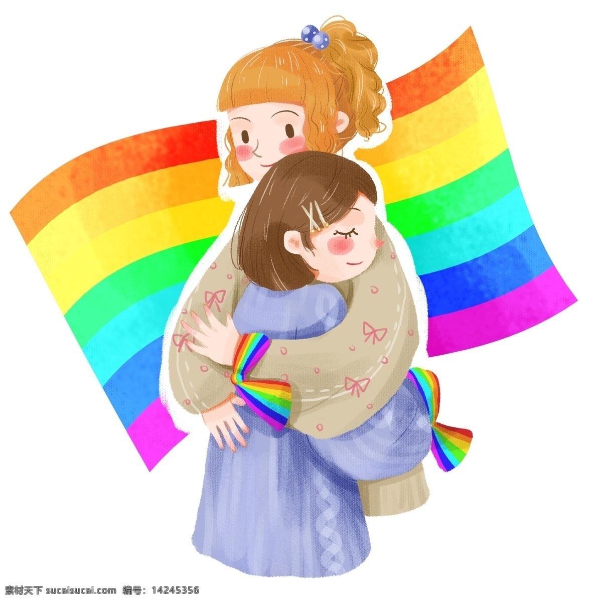 手绘 卡通 可爱 女孩 不再 恐 同日 同性恋 彩虹 旗 不再恐同日 彩虹旗 拥抱 女女