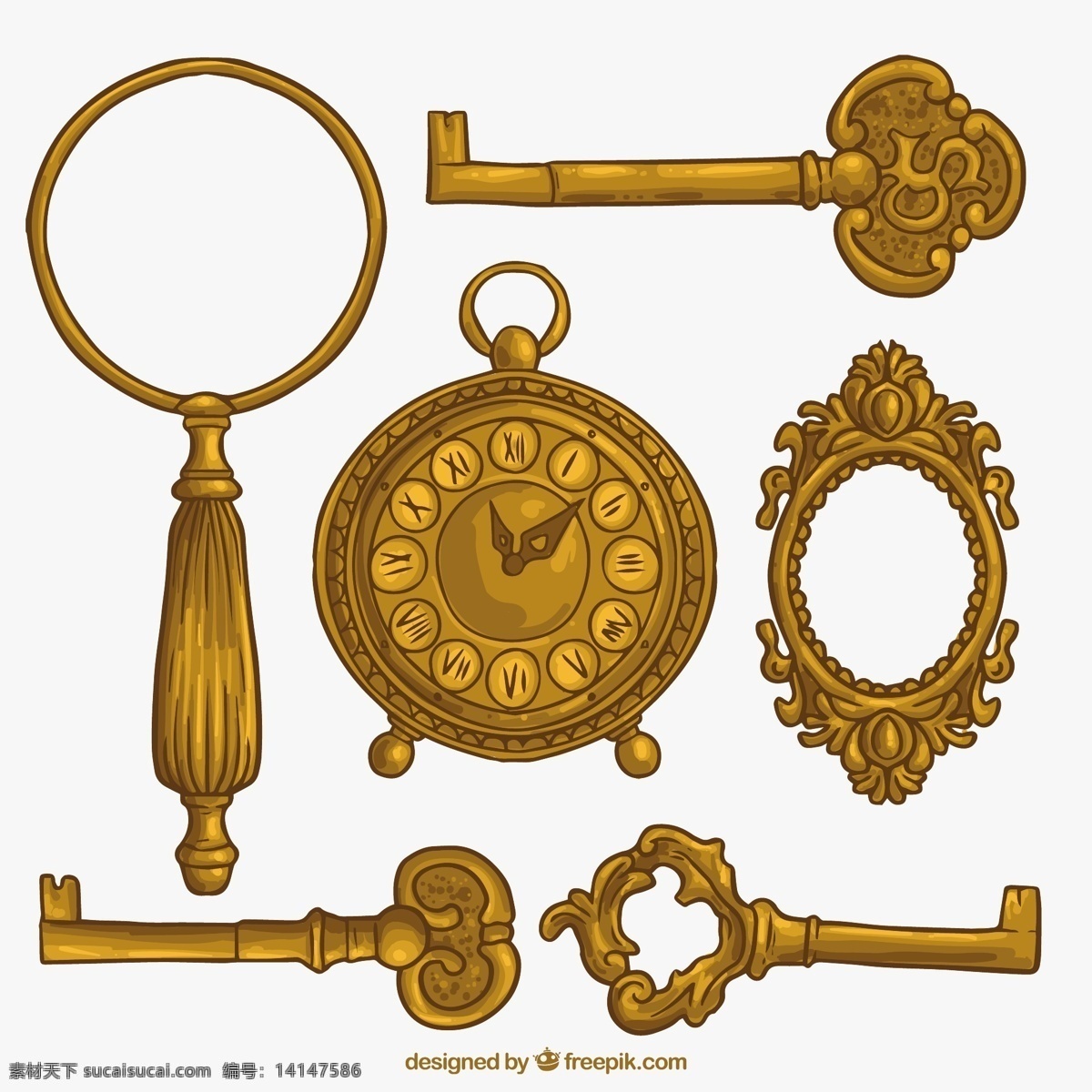 金钥匙 复古 元素 古董 黄金 饰品 时钟 首饰 钥匙 典雅 装饰 金色元素 镜子 复古复古 放大镜 复古的装饰 白色