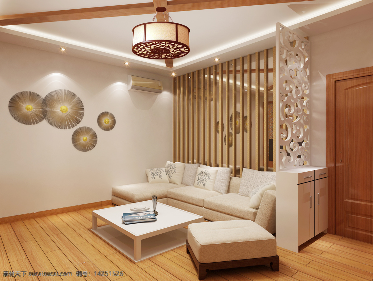 客厅 效果图 3d设计 花格 客厅效果图 沙发背景墙 现代 中式 3d模型素材 其他3d模型