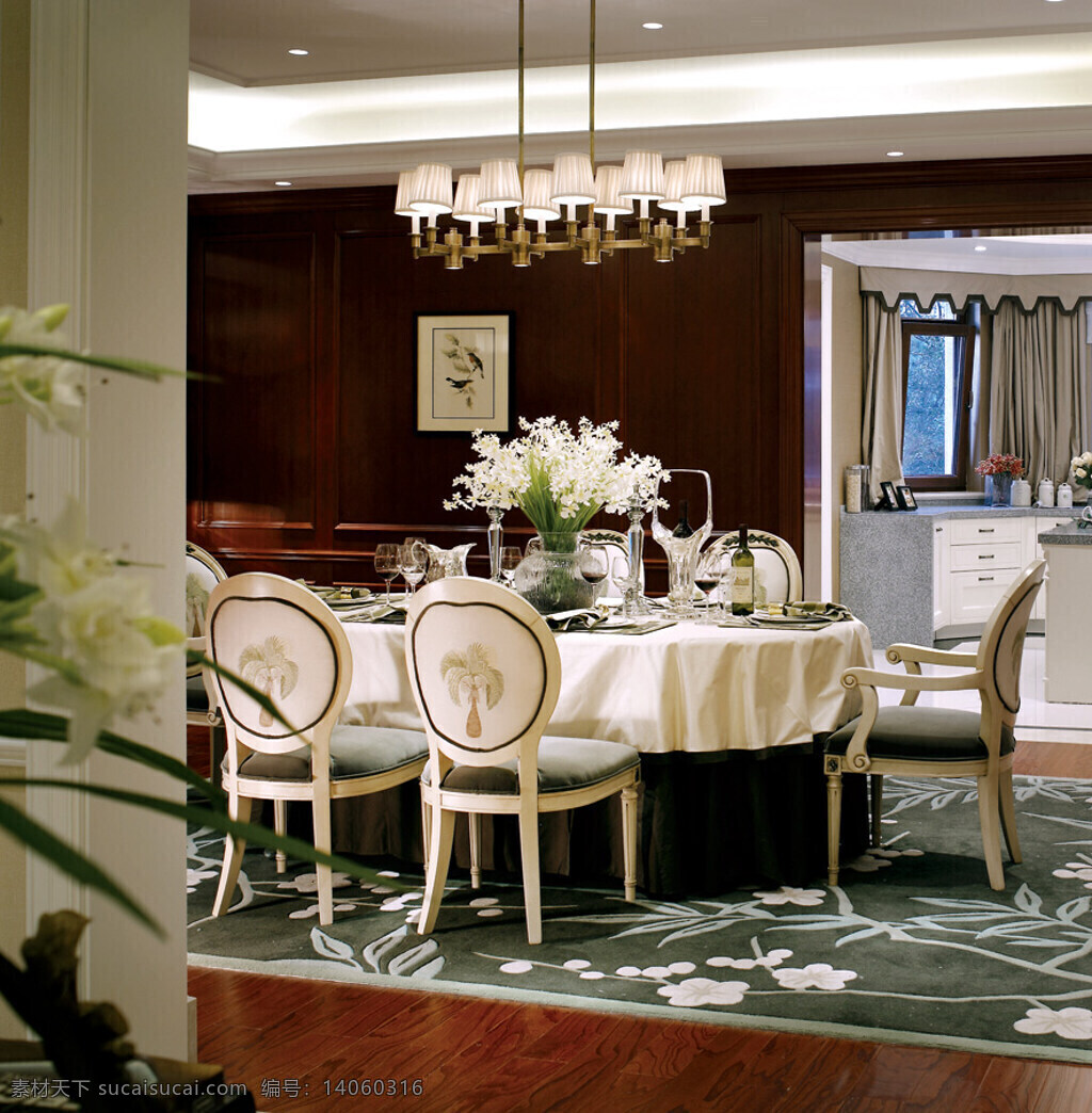 中式 轻 奢 客厅 墨绿 地毯 室内装修 效果图 客厅装修 水晶灯 白色桌布 墨绿餐椅 木地板