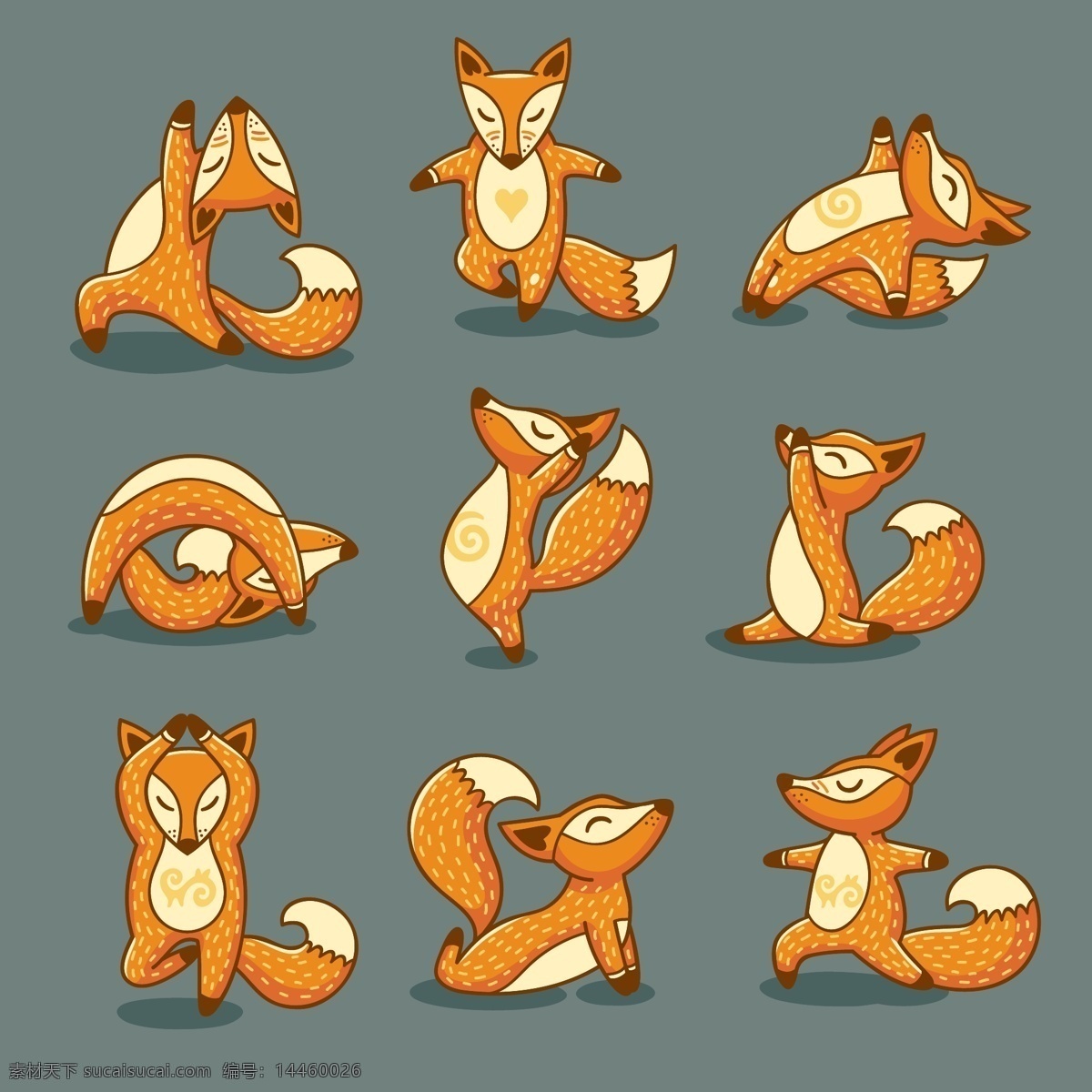 可爱 狐狸 黄色 卡通 动物 造型 矢量 锻炼 站立 广告背景 卡通角色 免费素材 下腰 单脚