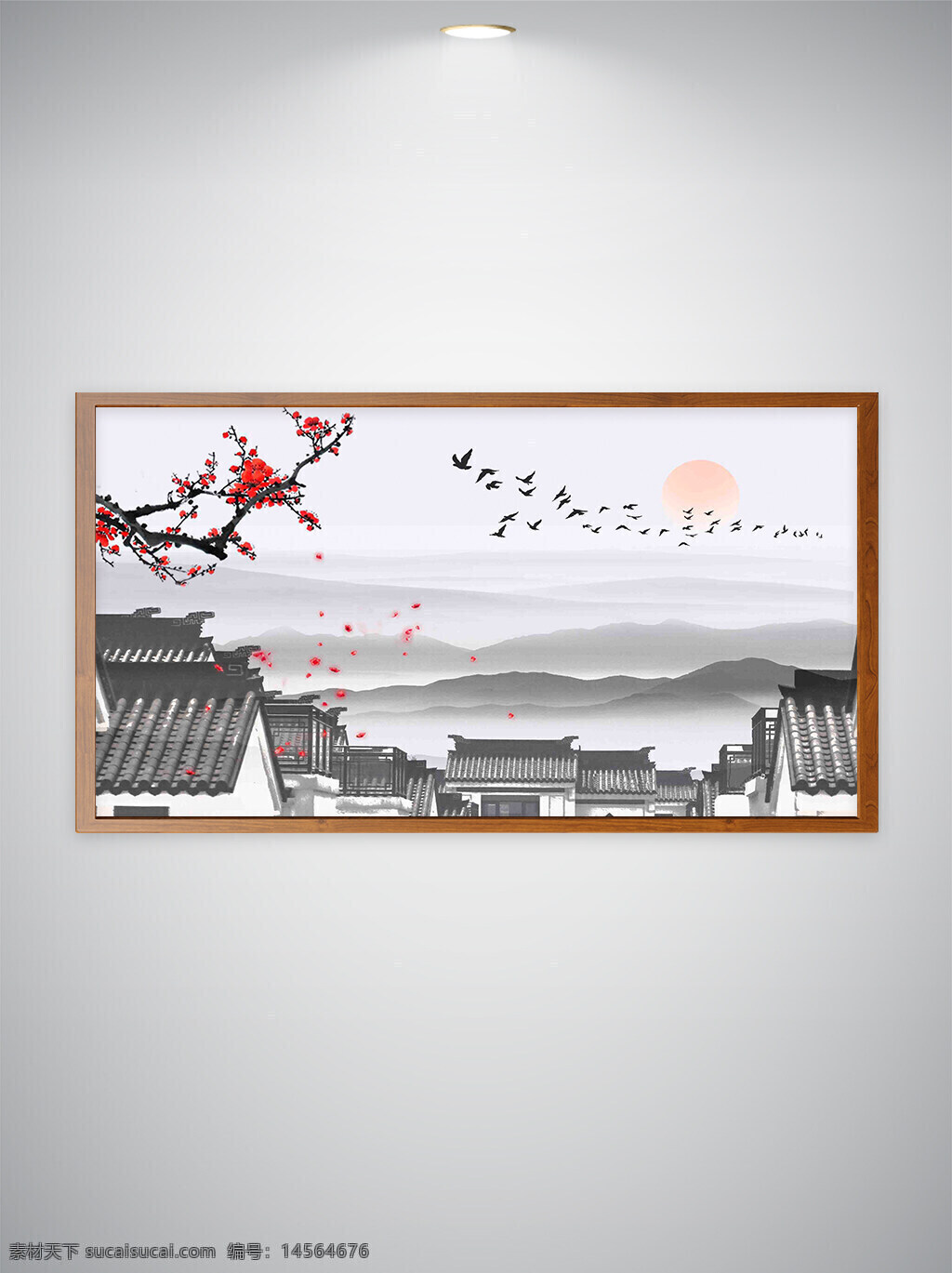水墨山水插画 中国风 中式山水 山水 建筑 花鸟