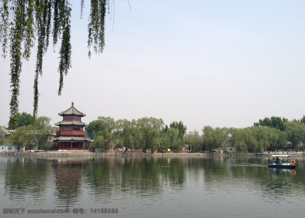 后海景色 北京 后海 护城河 游船 柳树 蓝天 白云 景色 自然风景 旅游摄影