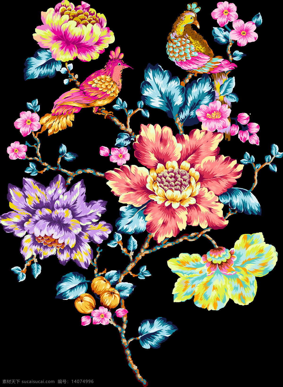 手绘 水彩 花卉 透明 装饰 图 鲜艳 亮眼 两只小鸟 蓝色叶子 透明素材 免扣素材 装饰图片
