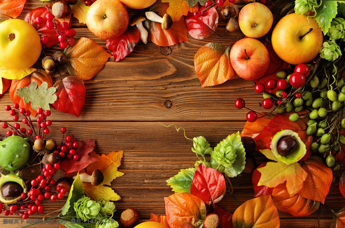 木板 上 水果 枫叶 苹果 落叶 红色果子 健康水果 美味水果 水果蔬菜 果实 餐饮美食 水果图片