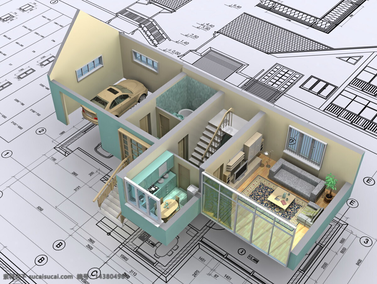 图纸 上 3d 建筑模型 房屋 3d建筑 建筑设计 环境家居