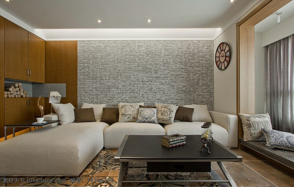 简约 客厅 方形 深色 茶几 装修 效果图 方形吊顶 灰色窗帘 木地板 木质墙壁