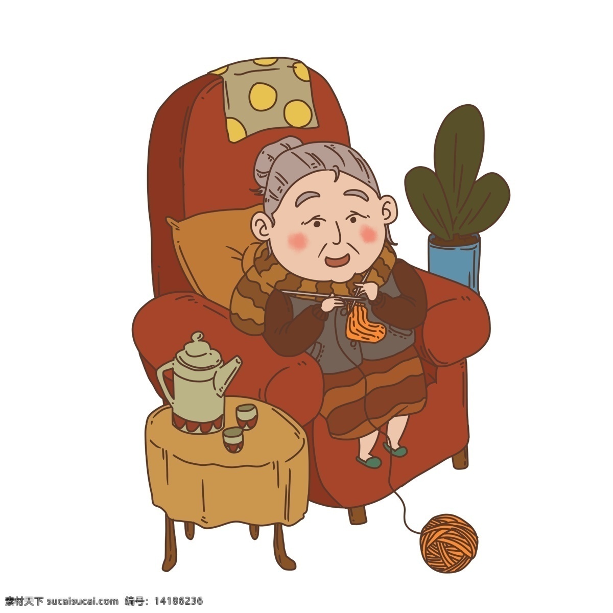大寒 织 毛衣 奶奶 红色的沙发 老奶奶 黄色的凳子 漂亮的茶具 取暖 人物 手绘 插画 黄色的线团