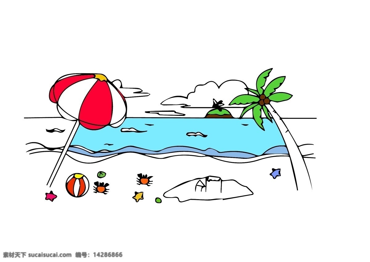 卡通沙滩 通 沙滩 蓝天 人物 椰子树 太阳 白云 阳光 蓝色 玩乐 城堡 海浪 卡通人物 海边 沙滩线稿 卡通素材 卡通设计
