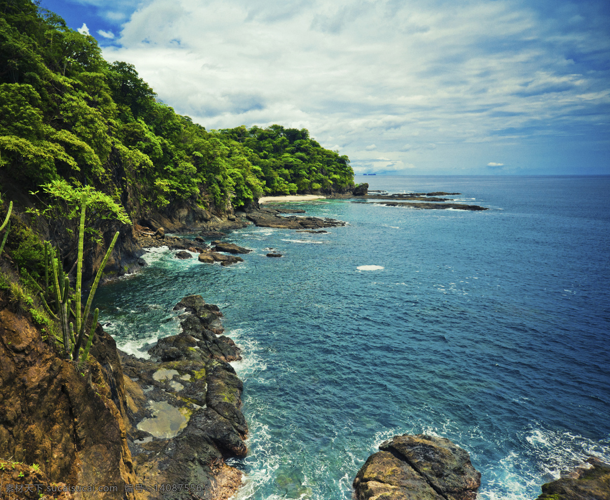 大海 岛屿 海水 海浪 浪花 石头 树 植物 蓝天 白云 大海图片 风景图片