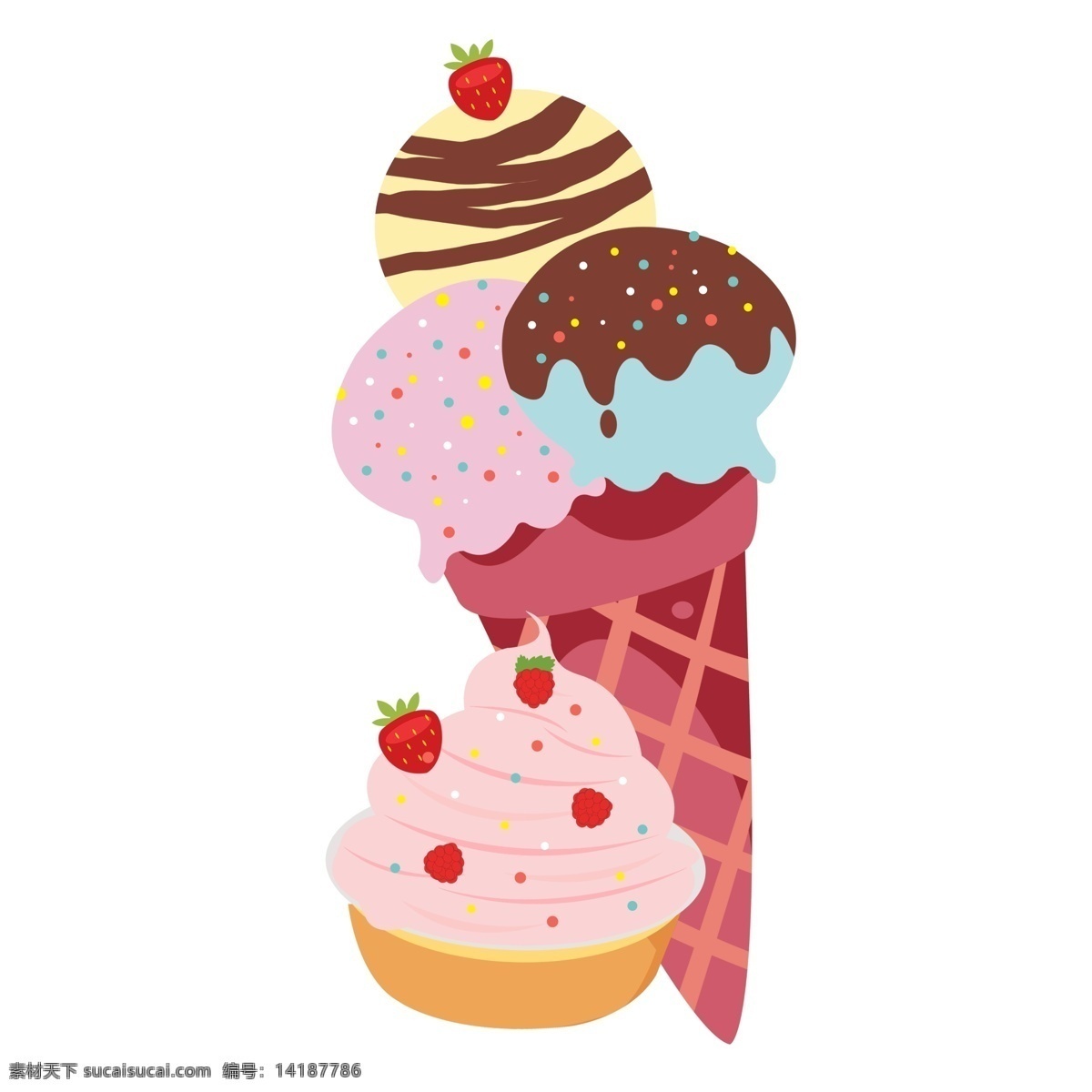 夏季 草莓 冰淇淋 图案 元素 美食 蛋糕 草莓冰淇淋 巧克力冰淇淋 冰淇淋图案 设计元素 元素设计 创意元素 免抠元素