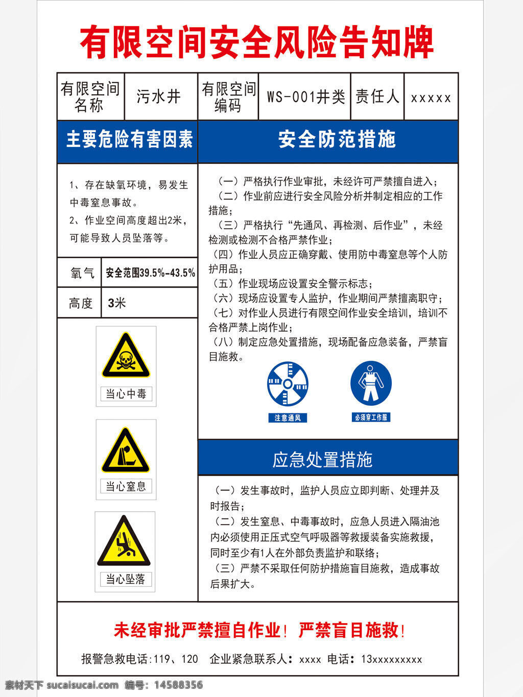 污水处理池有限空间 污水处理池 有限空间作业 有限空间 告知牌 警示告知牌 当心中毒 当心窒息 当心坠落 安全防范 安全 应急处置措施