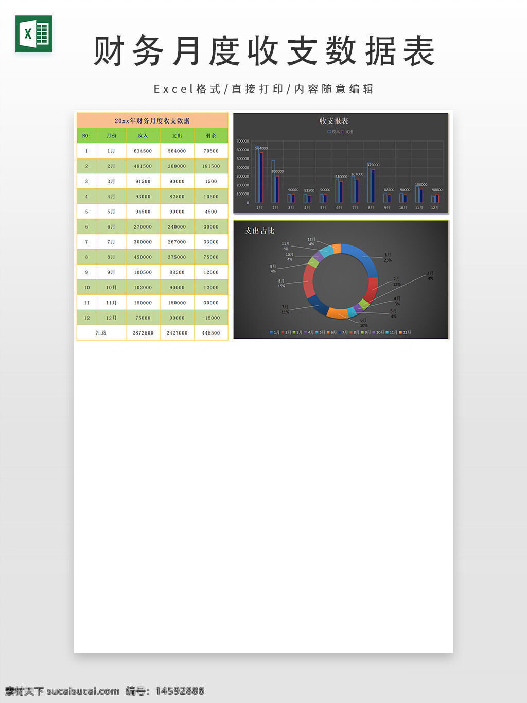收入 支出 数据表 月度统计 图表 财务报告 收入数据 支出数据 总收入 总支出 柱状图 饼图 财务分析 月度对比 收入分析 支出分析 财务管理 公司财务 数据可视化