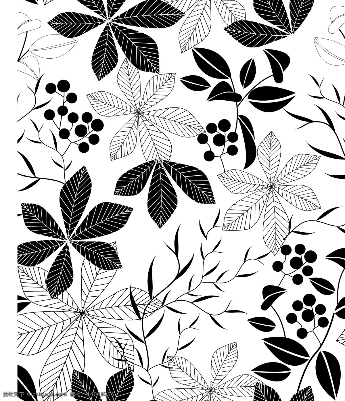 黑白叶子图案 叶子 四方连续 面料印花 碎花 服装面料印花